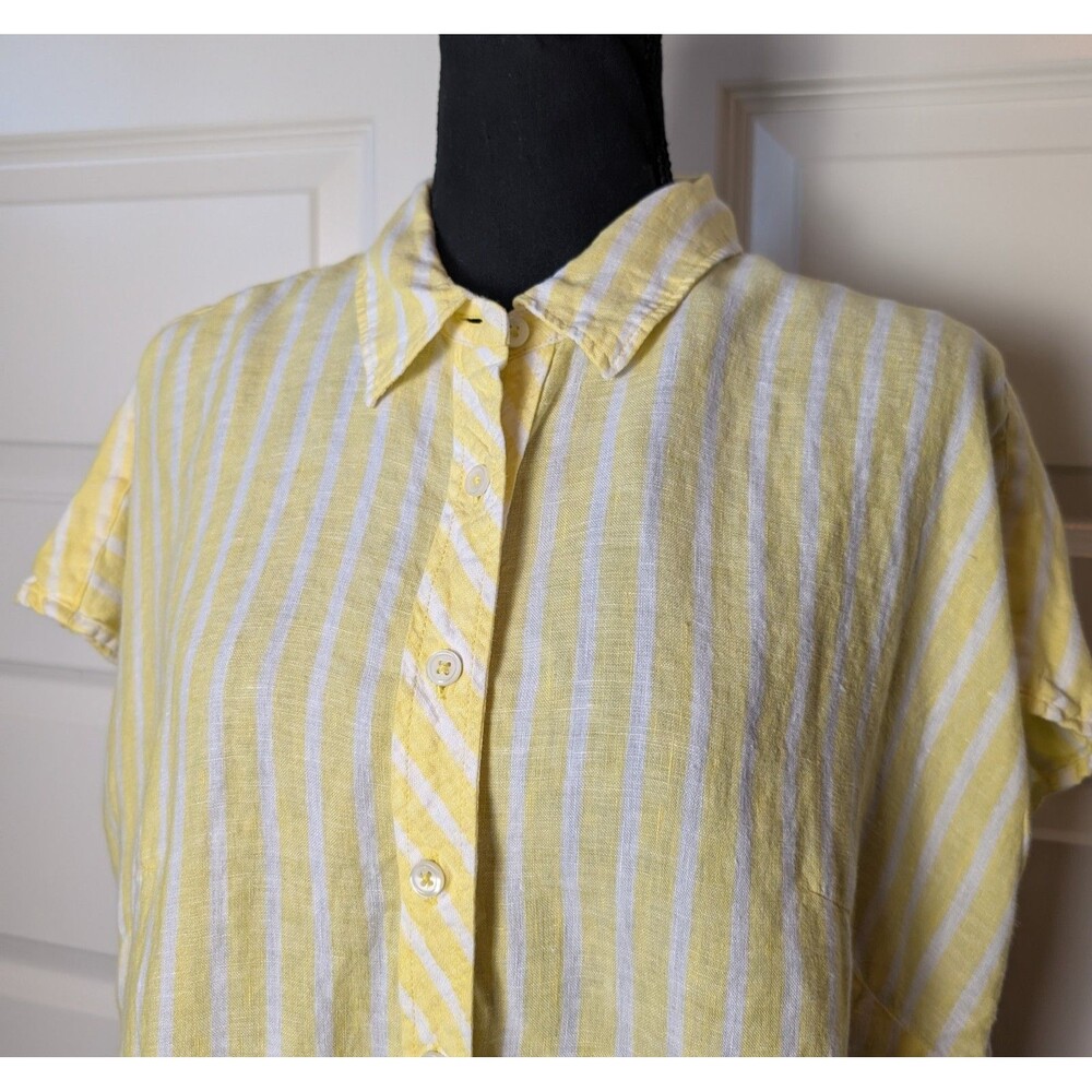 Talbots Size L Petite Blouse 100% Linen Front Tie Waist Yellow Striped Coastal - Picture 4 of 9